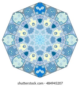 Mandala decoration, stylized geometric eight pointed round ornament, isolated element on white background. Vector floral shapes pattern. Tribal ethnic arabic indian turkish decor. Kaleidoscope pattern