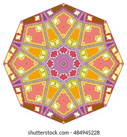 Mandala decoration, stylized geometric eight pointed round ornament, isolated element on white background. Vector floral shapes pattern. Tribal ethnic arabic indian turkish decor. Kaleidoscope pattern