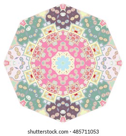 Mandala decoration, stylized geometric eight pointed round ornament, isolated element on white background. Vector floral shapes pattern. Tribal ethnic arabic indian turkish decor. Kaleidoscope pattern