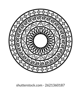 Mandala Decorative Border with Lotus-Inspired Center in Black and White Art