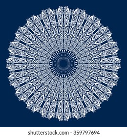 Mandala, decorative elements. Islam, Arabic, Indian, turkish, pakistan, chinese, ottoman motif. Oriental pattern, vector. Blue and white graphics. White lace on a blue background.