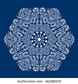 Mandala, decorative elements. Islam, Arabic, Indian, turkish, pakistan, chinese, ottoman motif. Oriental pattern, vector. Blue and white graphics. White lace on a blue background.