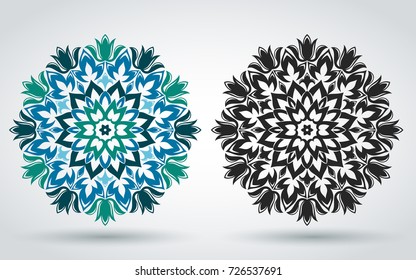 Mandala. Decorative floral pattern. Eastern, Indian, Turkish, Islamic ornament. Template for decorating textiles, banners. Color and black and white version. Yoga and meditation. Vector illustration.