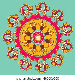 Mandala decorative hand drawn colored element. Islam, Arabic, Indian, ottoman motifs. Object in boho style for cloth design, wallpaper, wrapping. Vector illustration.