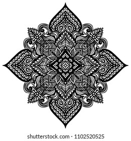 Mandala. Decorative ornament black on white. T-shirt, business card design. Arabesque style. Zen art design. Hand drawn square geometry ornament. Islam, Arabic, Indian style