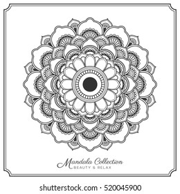 mandala decorative ornament design for coloring page, greeting card, invitation, tattoo, yoga and spa symbol. Vector illustration