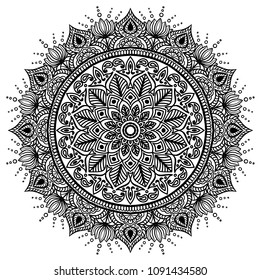 Mandala. Decorative round arabesque ornament white on black. T-shirt, business card design. Zen art design. Hand drawn round geometry ornament. Islam, Arabic, Indian style