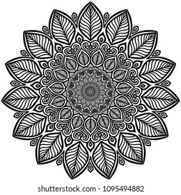 Mandala. Decorative round ornament black on white. T-shirt, business card design. Zen art design. Hand drawn round geometry ornament. Islam, Arabic, Indian style