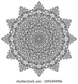 Mandala. Decorative round ornament black on white. T-shirt, business card design. Zen art design. Hand drawn round geometry ornament. Islam, Arabic, Indian style
