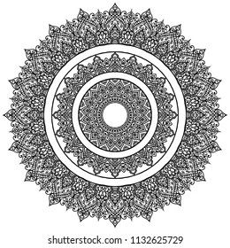 Mandala. Decorative round ornament black on white. T-shirt, business card design. Arabesque style. Zen art design. Hand drawn round geometry ornament. Islam, Arabic, Indian style