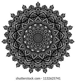 Mandala. Decorative round ornament black on white. T-shirt, business card design. Arabesque style. Zen art design. Hand drawn round geometry ornament. Islam, Arabic, Indian style