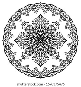 Mandala. Decorative round ornament black on white. Hand drawn geometry pattern. Islam, Arabic, Indian style