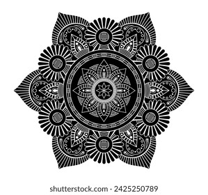 Mandala. Adorno redondo decorativo. Aislado sobre fondo blanco. motivos árabes, indios y otomanos. Imagen para colorear. Para tarjetas, invitaciones, camisetas. Ilustración monocroma del vector.