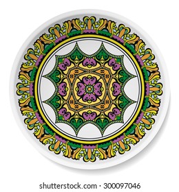 Mandala, decorative round tribal ethnic ornament on the plate, vector islamic arabic indian pattern.
