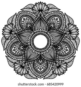Mandala. Decorative vector round ornament. Anti-stress therapy pattern. Black white pattern for coloring book. Hand drawn ornament. T-shirt design. Islam, Arabic, Indian style