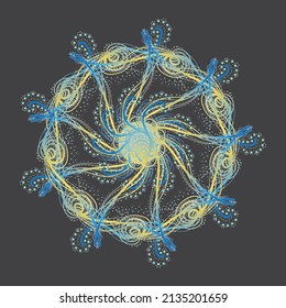 Mandala, delicate, ornate pattern in yellow and blue colors.