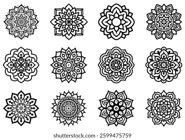 mandala design black line icon Intricate featuring floral patterns and circular shapes vector illustration.
