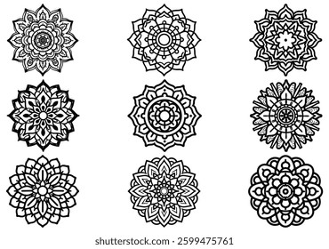 mandala design black line icon Intricate featuring floral patterns and circular shapes vector illustration.