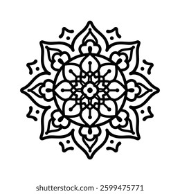 mandala design black line icon Intricate featuring floral patterns and circular shapes vector illustration.