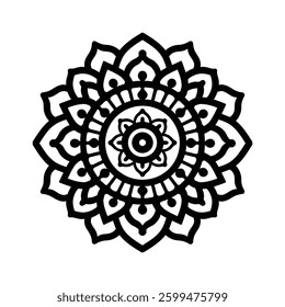 mandala design black line icon Intricate featuring floral patterns and circular shapes vector illustration.