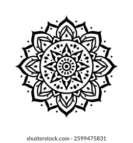 mandala design black line icon Intricate featuring floral patterns and circular shapes vector illustration.