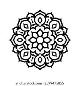 mandala design black line icon Intricate featuring floral patterns and circular shapes vector illustration.