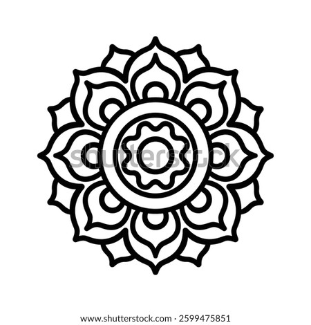 mandala design black line icon Intricate featuring floral patterns and circular shapes vector illustration.