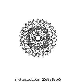 Mandala Design Black and White Circular Pattern with Geometric Shapes Floral Motifs Concentric Circles Symmetrical Artwork Detailed Linework Ornate Border Zentangle Style