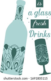 Mandala design for bottle and glass with angela and alcohol for party celebration. Vector
