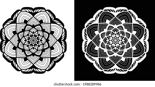 Mandala design for coloring book, Henna, Mehndi, tattoo, decoration,  isolated on white and black background. vintage Vector illustration