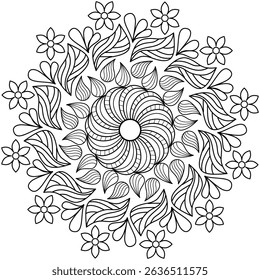mandala design for coloring book, line art, yoga logo design, black and white, abstract flower, relaxing pattern