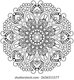 mandala design for coloring book, line art, yoga logo design, black and white, abstract flower, relaxing pattern