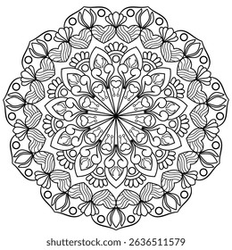 mandala design for coloring book, line art, yoga logo design, black and white, abstract flower, relaxing pattern
