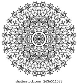 mandala design for coloring book, line art, yoga logo design, black and white, abstract flower, relaxing pattern