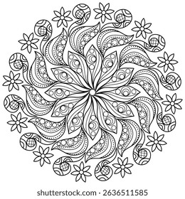 mandala design for coloring book, line art, yoga logo design, black and white, abstract flower, relaxing pattern