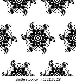 Mandala Design concept of Circles, Flower petals, Spirals and Conch shells - Indian Traditional and Cultural Rangoli, Alpona, Kolam or Paisley vector line art is in Seamless Pattern