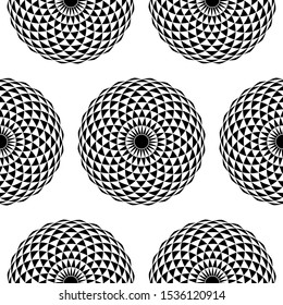 Mandala Design concept of circles, Flower petals in curved shape - Indian Traditional and Cultural Rangoli, Alpona, Kolam or Paisley vector line art is in Seamless Pattern