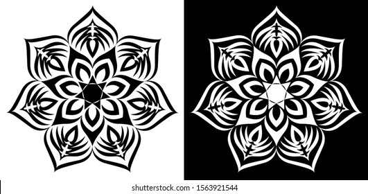 Mandala design concept of circles, flower petals and leaves is in black and white background