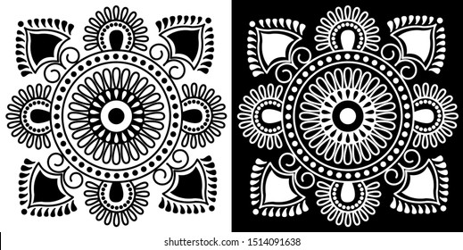 Mandala Design concept of Circles, Flowers, Dots, Spirals and petals - Indian Traditional and Cultural Rangoli, Alpona, Kolam or Paisley vector line art with black and white background