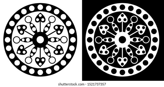 Mandala design concept of circles and heart shapes - Indian Traditional and Cultural Rangoli, Alpona, Kolam or Paisley vector line art with black and white background