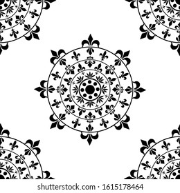 Mandala design concept of circles, petals and different type of leaves is in Seamless pattern