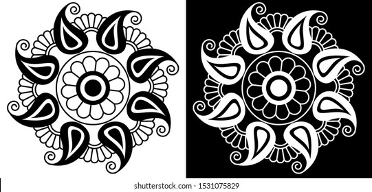 Mandala design concept of Conch shells, spirals, Flowers and circles - Indian Traditional and cultural Rangoli, Alpona, Kolam or Paisley vector line art with black and white bakcground