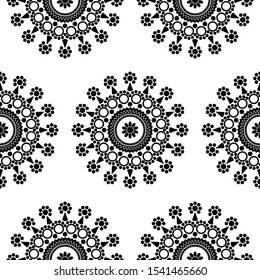 Mandala Design concept of Flower, circles and petals - Indian Traditional and Cultural Rangoli, Alpona, Kolam or Paisley vector line art is in Seamless pattern