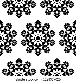 Mandala Design concept of Flower with petals surrounded by diwali lamps - Indian Traditional and Cultural Rangoli, Alpona, Kolam or Paisley vector line art is in Seamless Pattern
