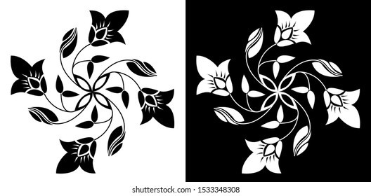 Mandala Design concept of Flower petals, buds, curves and leaves - Indian Traditional and Cultural Rangoli vector line art with black and white background