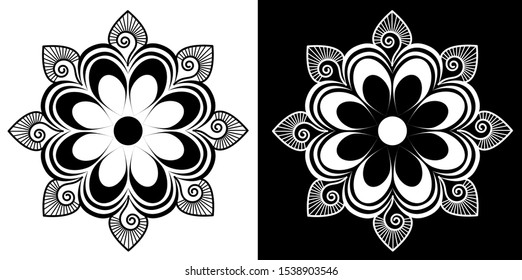 Mandala Design concept of Flower petals, Circles, Spirals and curves - Indian Traditional and Cultural Rangoli, Alpona, Kolam or Paisley vector line art with black and white background