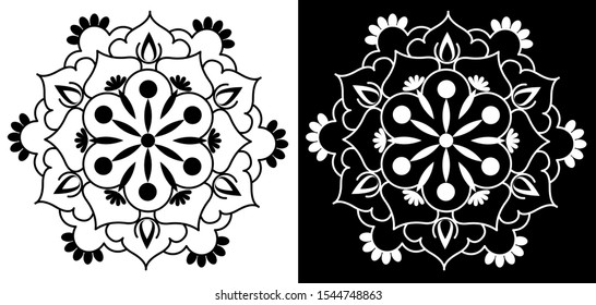 Mandala design concept of Flower petals, circles, Lamps and curves - Indian Traditional and Cultural Rangoli, Alpona, Kolam or Paisley vector line art with black and white background