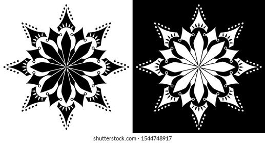 Mandala design concept of Flower petals, sharp edges, circles and lamps - Indian Traditional and Cultural Rangoli, Alpona, Kolam or Paisley vector line art with black and white background
