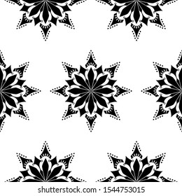 Mandala design concept of Flower petals, sharp edges, circles and lamps - Indian Traditional and Cultural Rangoli, Alpona, Kolam or Paisley vector line art is in Seamless pattern