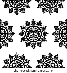 Mandala design concept of Flower petals, circles and leaves - Indian Traditional and Cultural Rangoli, Alpona, Kolam or Paisley vector line art is in Seamless pattern